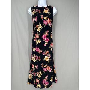 90s Vintage Dress Women Large Black Floral Yellow Pink Tropical Boho Cottagecore